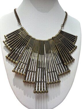 Vintage Antique Gold Tone Fringe Bib Necklace Statement Double Lobster Clasp 18"